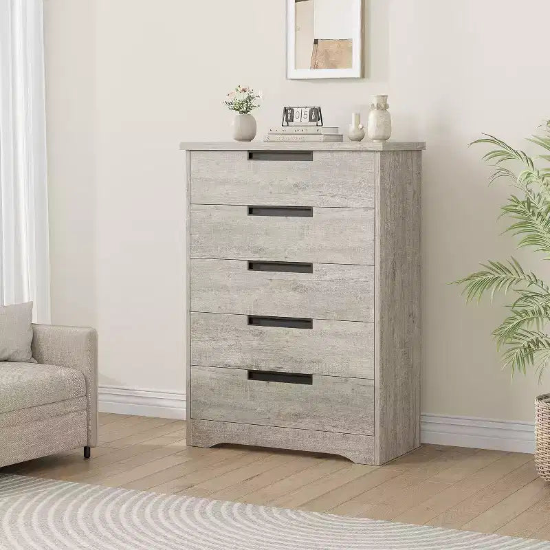 Comò a 5 cassetti in legno per camera da letto, cassettiera moderna grigia con maniglie a incasso, organizer per soggiorno, cameretta, corridoio o ingresso