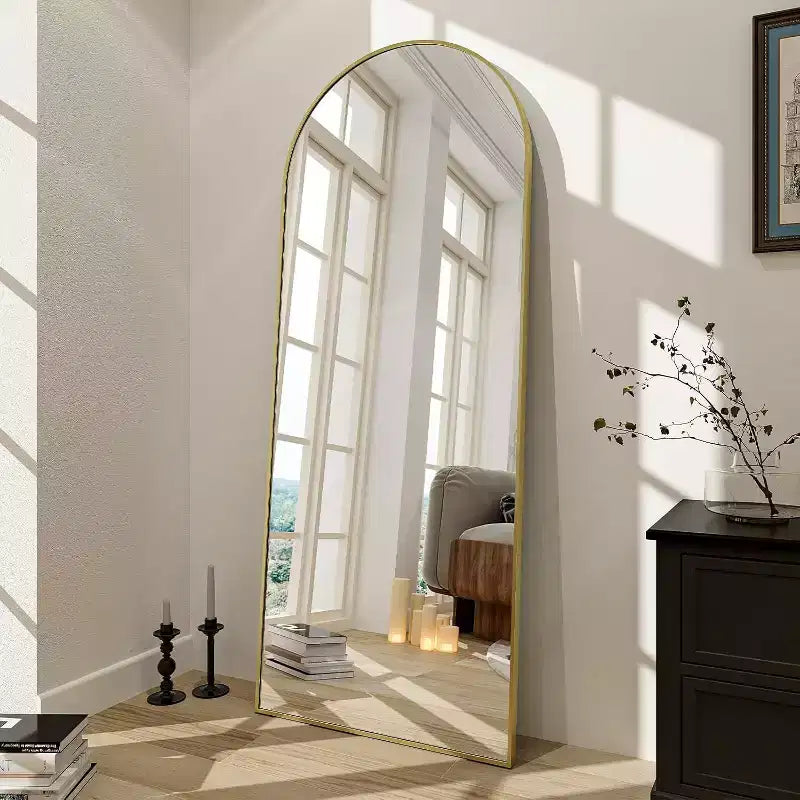 66x25 Full Length Mirror, Wall Mirrors Hanging or Leaning Arched-Top Full Body Mirror with Stand for Bedroom, Dressing Room, Gold