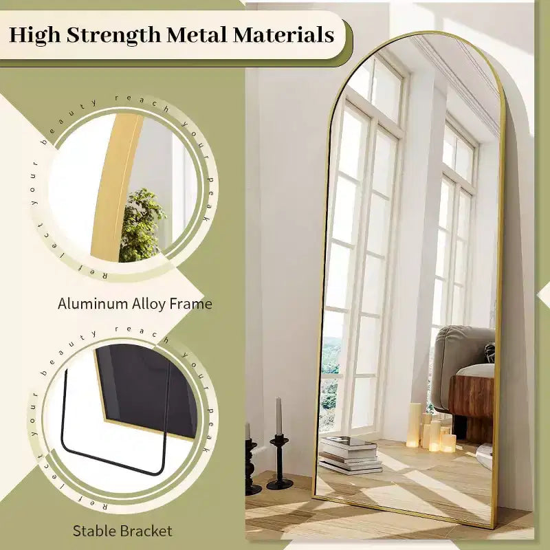 Specchio a figura intera 66x25, specchio da parete appeso o appoggiato con parte superiore ad arco e supporto per camera da letto, spogliatoio, oro