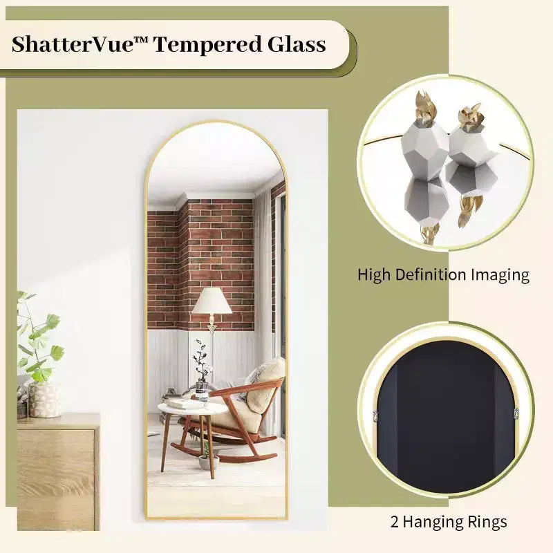 Specchio a figura intera 66x25, specchio da parete appeso o appoggiato con parte superiore ad arco e supporto per camera da letto, spogliatoio, oro