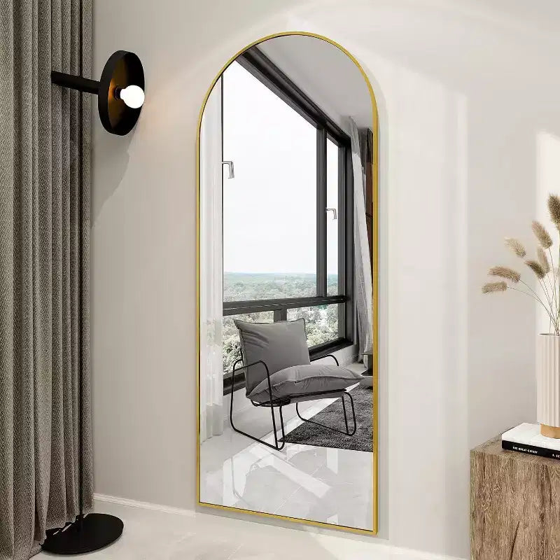 Specchio a figura intera 66x25, specchio da parete appeso o appoggiato con parte superiore ad arco e supporto per camera da letto, spogliatoio, oro