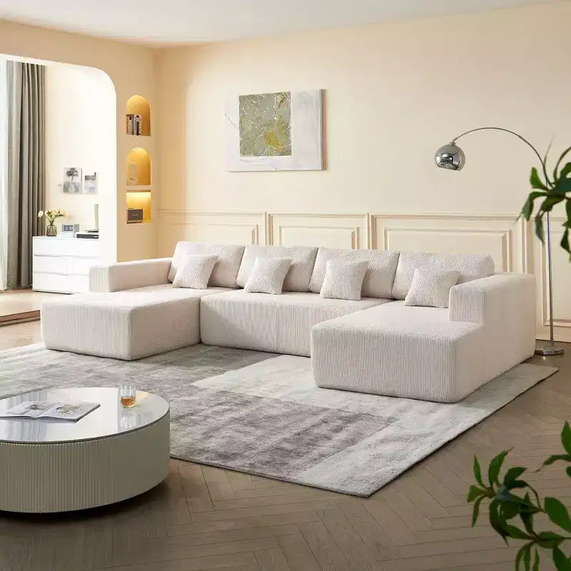 U-Shaped Corduroy Sectional Sofa, Reversible Chaise & Plush Cushions, 122-Inch Modern Design