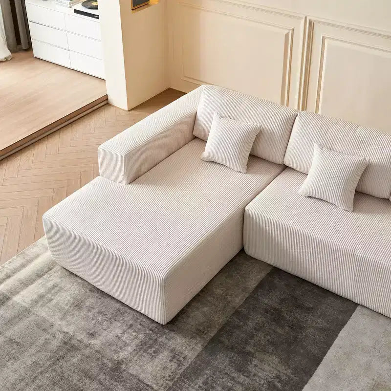Divano componibile a U in velluto a coste, chaise longue reversibile e cuscini imbottiti, design moderno da 122 pollici