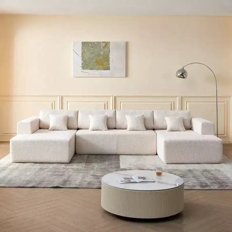Divano componibile a U in velluto a coste, chaise longue reversibile e cuscini imbottiti, design moderno da 122 pollici