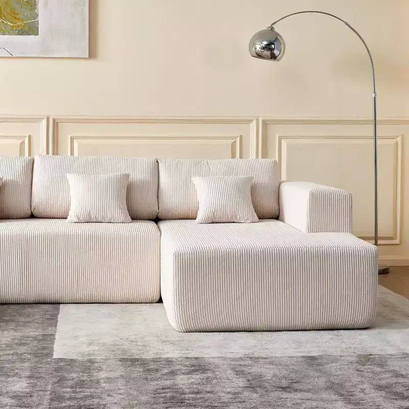 Divano componibile a U in velluto a coste, chaise longue reversibile e cuscini imbottiti, design moderno da 122 pollici