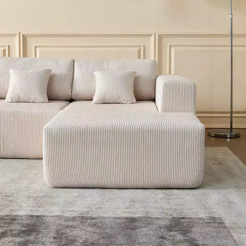 Divano componibile a U in velluto a coste, chaise longue reversibile e cuscini imbottiti, design moderno da 122 pollici