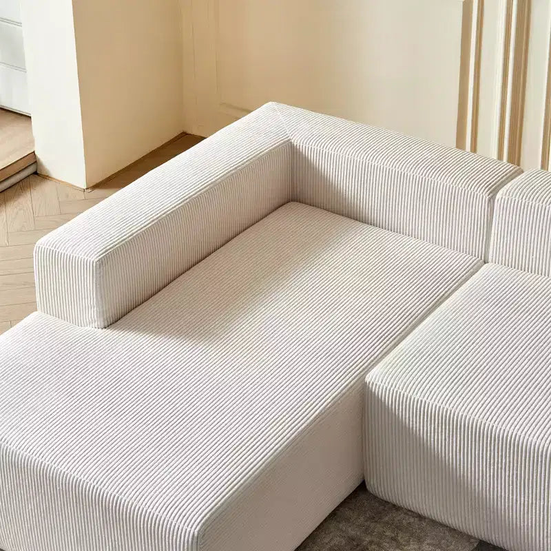 Divano componibile a U in velluto a coste, chaise longue reversibile e cuscini imbottiti, design moderno da 122 pollici