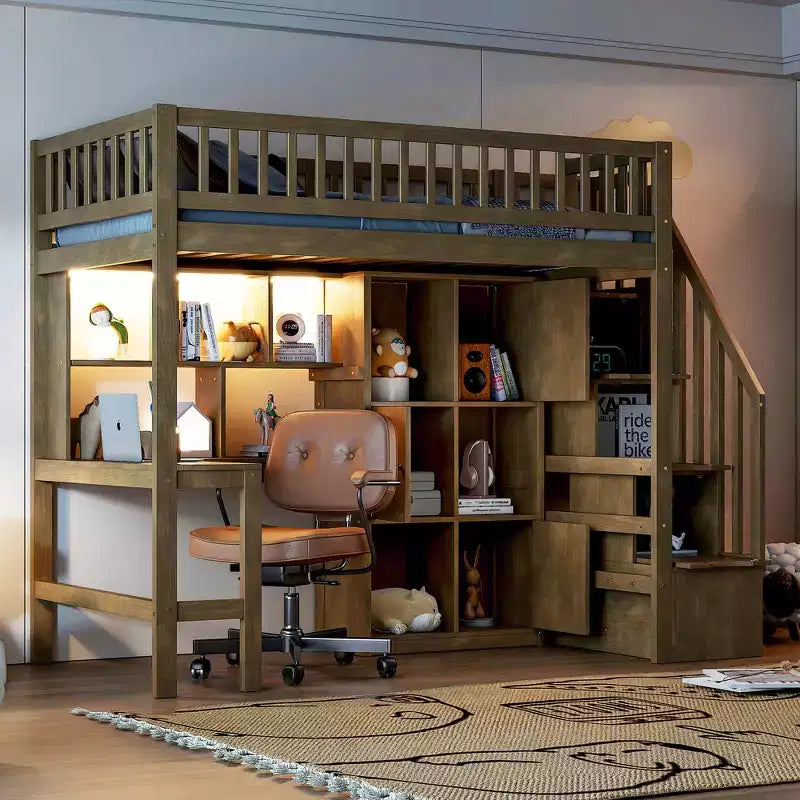 Whisen Wood Twin Size Loft Bed with Built-in Desk