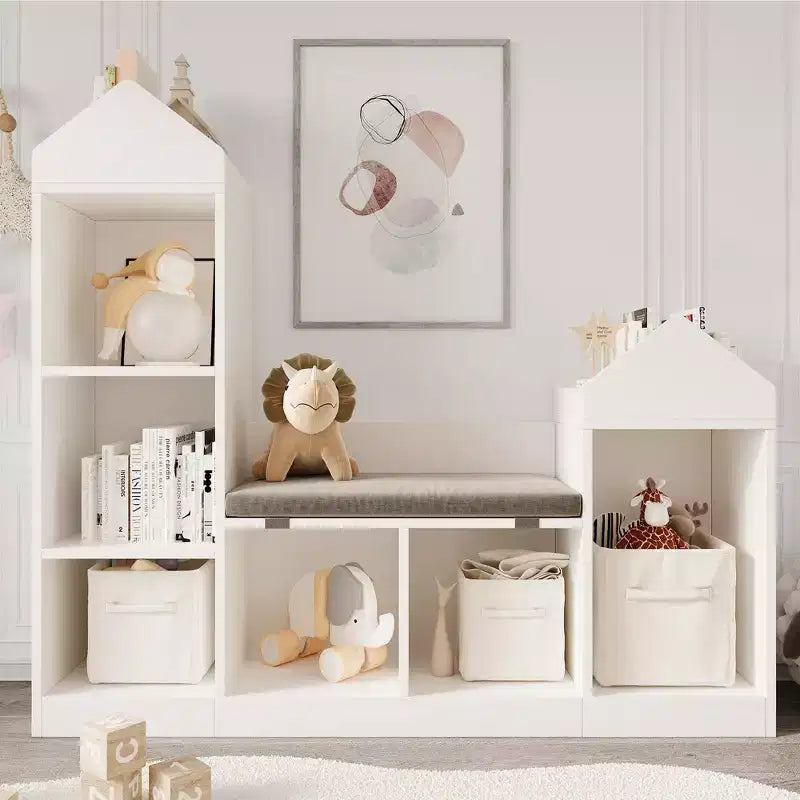 Libreria per Bambini con Angolo Lettura Scaffale per Bambini 6 Scomparti Contenitore per Giocattoli Cuscino Seduta Panca Contenitore in Legno