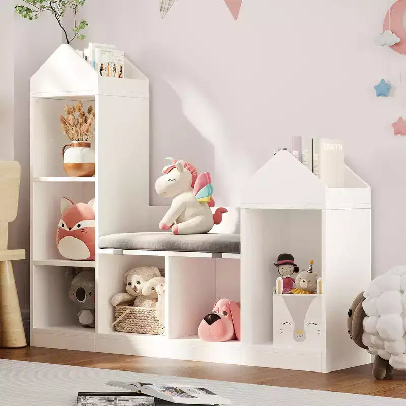 Libreria per Bambini con Angolo Lettura Scaffale per Bambini 6 Scomparti Contenitore per Giocattoli Cuscino Seduta Panca Contenitore in Legno