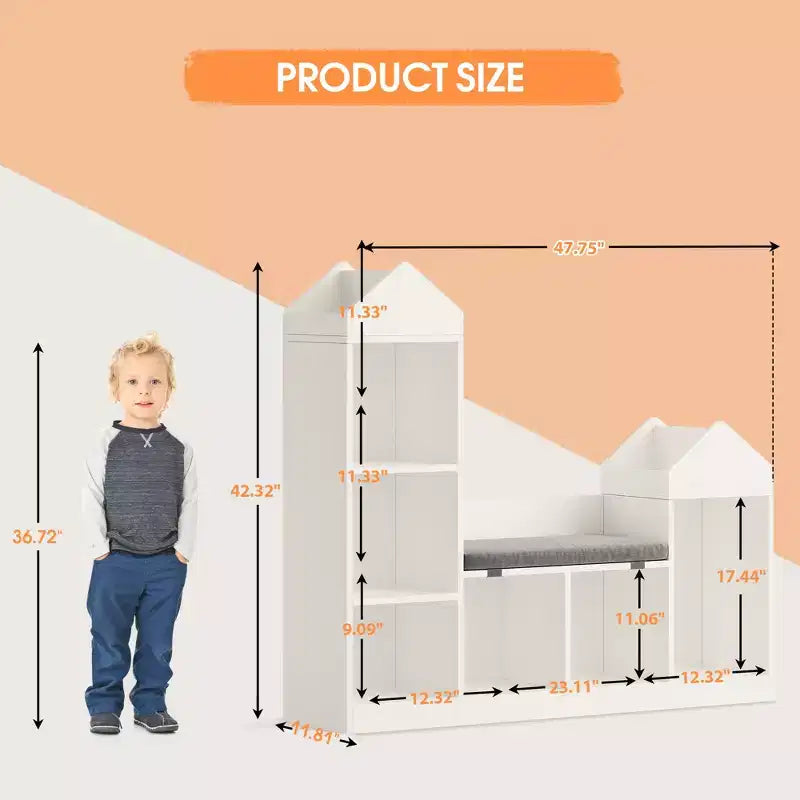 Libreria per Bambini con Angolo Lettura Scaffale per Bambini 6 Scomparti Contenitore per Giocattoli Cuscino Seduta Panca Contenitore in Legno