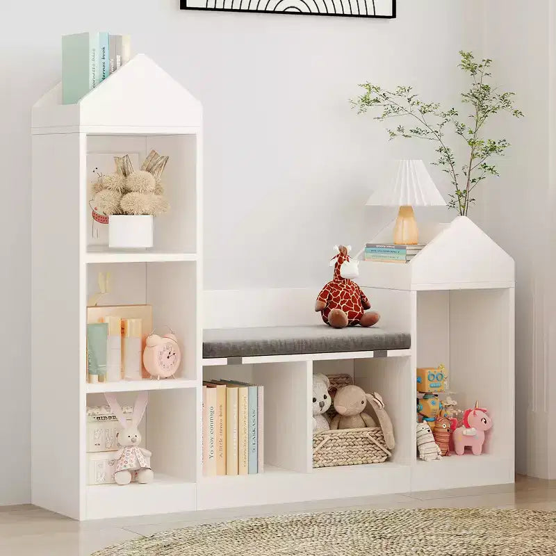 Libreria per Bambini con Angolo Lettura Scaffale per Bambini 6 Scomparti Contenitore per Giocattoli Cuscino Seduta Panca Contenitore in Legno