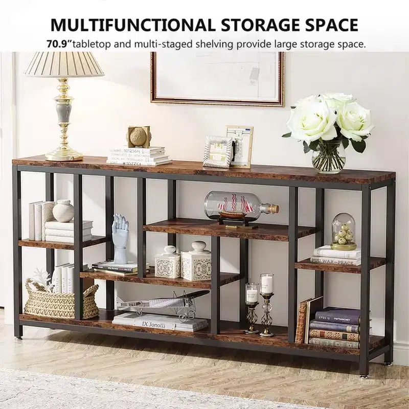 MAYEERTY Tavolo Consolle Industriale 70.86 Pollici, Finitura Legno Grigio, Telaio in Metallo Nero