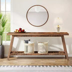 MAYEERTY 70.9 Inch Extra Long 2-Tier Console Table Rustic Farmhouse Style Trapezoid Heavy Duty Base