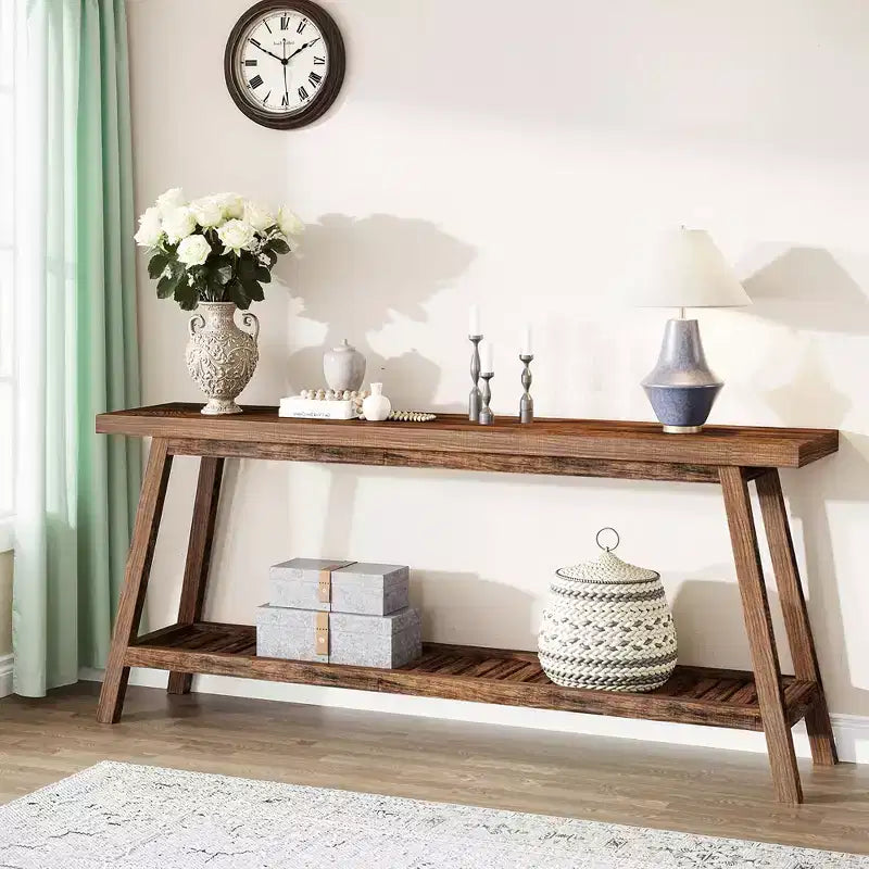 MAYEERTY Tavolo Consolle Extra Lungo a 2 Livelli da 180 cm Stile Rustico/Country Base a Trapezio Robusta