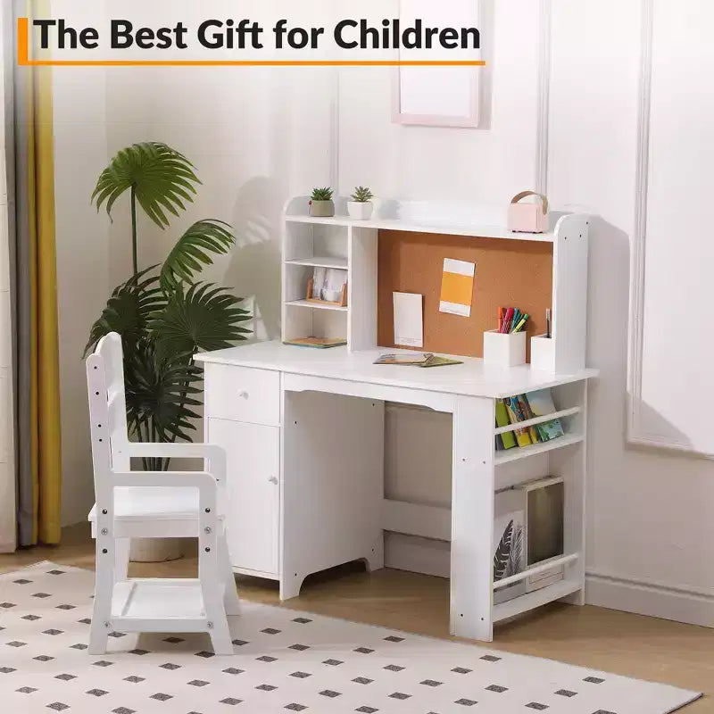 Scrivania per bambini, set scrivania e sedia per ragazzi e ragazze, tavolo da scrittura per bambini in legno con libreria, bacheca, armadietto e cassetto per età 3-8