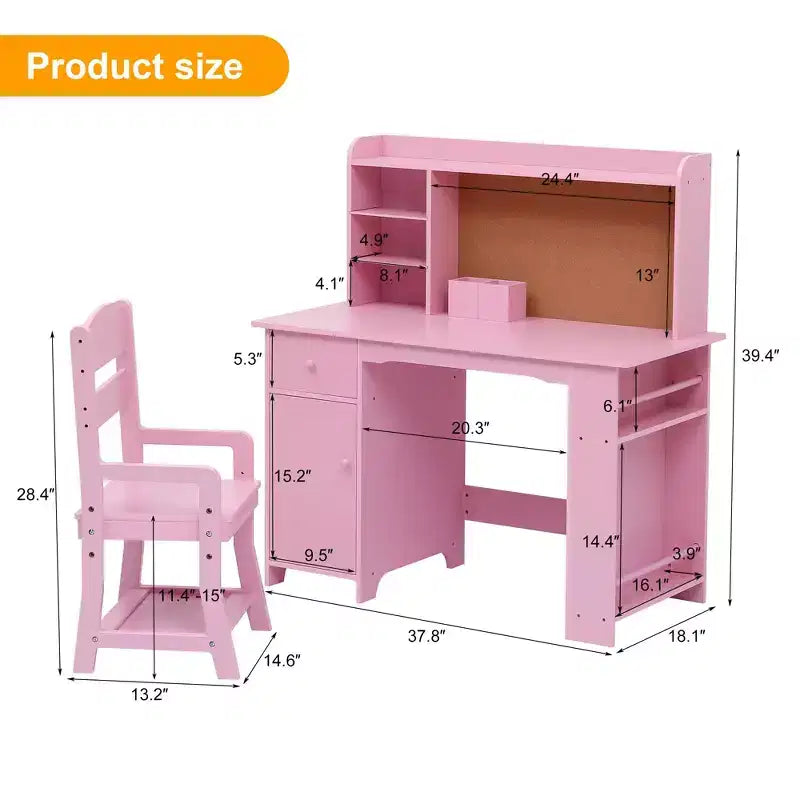 Scrivania per bambini, set scrivania e sedia per ragazzi e ragazze, tavolo da scrittura per bambini in legno con libreria, bacheca, armadietto e cassetto per età 3-8