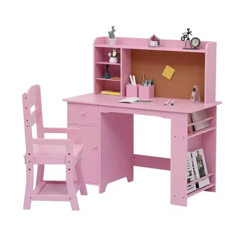 Scrivania per bambini, set scrivania e sedia per ragazzi e ragazze, tavolo da scrittura per bambini in legno con libreria, bacheca, armadietto e cassetto per età 3-8