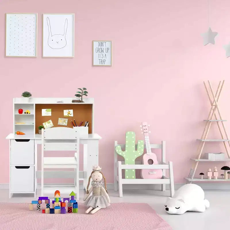 Scrivania per bambini, set scrivania e sedia per ragazzi e ragazze, tavolo da scrittura per bambini in legno con libreria, bacheca, armadietto e cassetto per età 3-8