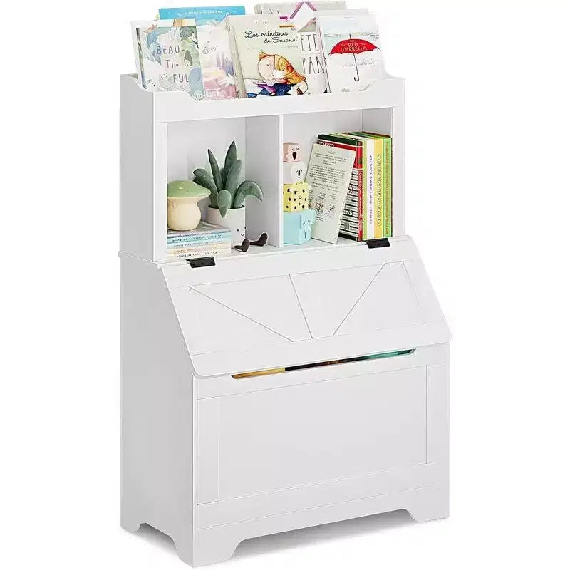 Libreria e Portagiochi per Bambini in Legno a 3 Ripiani con Coperchio a Scomparsa per Sala Giochi, Camera da Letto e Asilo Nido - Contenitore a Misura di Bambino