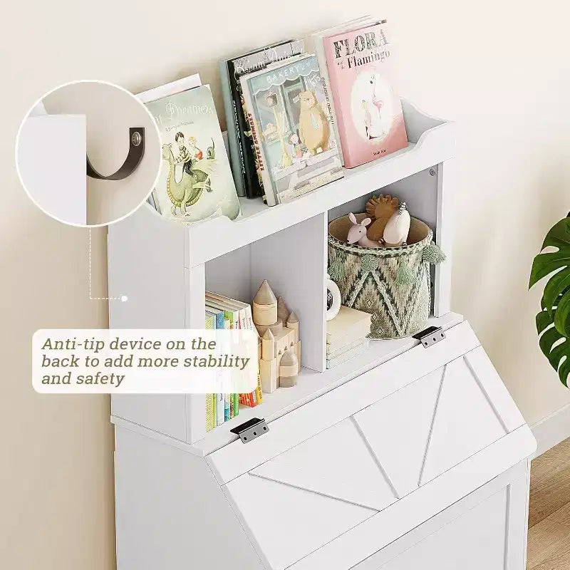 Libreria e Portagiochi per Bambini in Legno a 3 Ripiani con Coperchio a Scomparsa per Sala Giochi, Camera da Letto e Asilo Nido - Contenitore a Misura di Bambino
