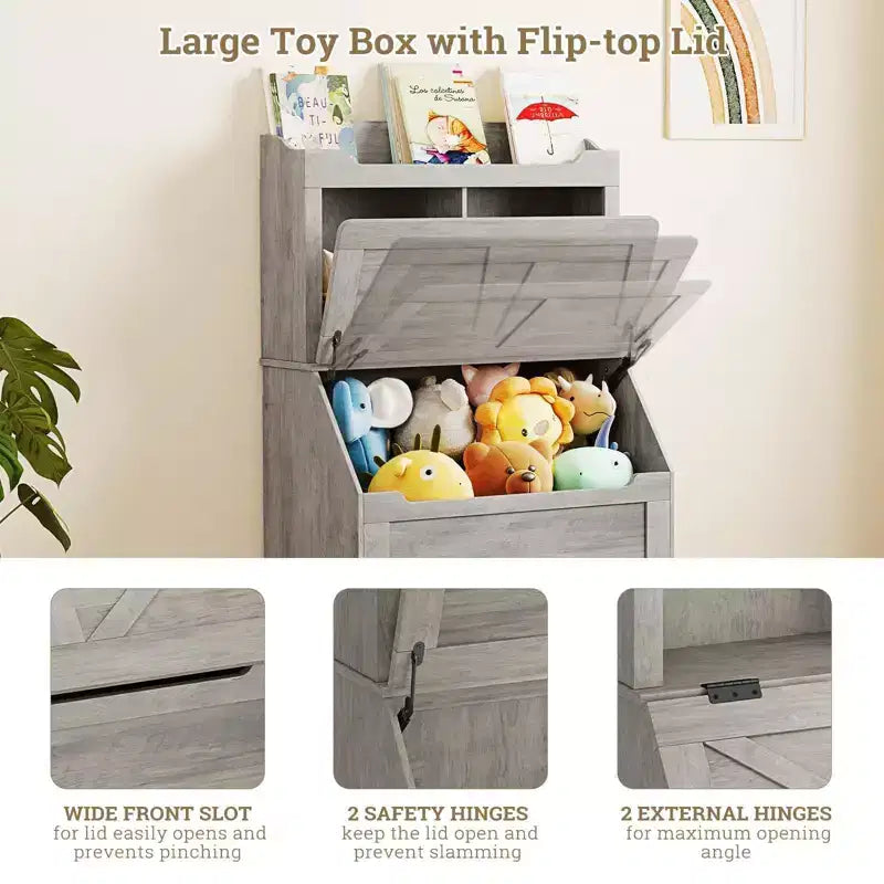 Libreria e Portagiochi per Bambini in Legno a 3 Ripiani con Coperchio a Scomparsa per Sala Giochi, Camera da Letto e Asilo Nido - Contenitore a Misura di Bambino