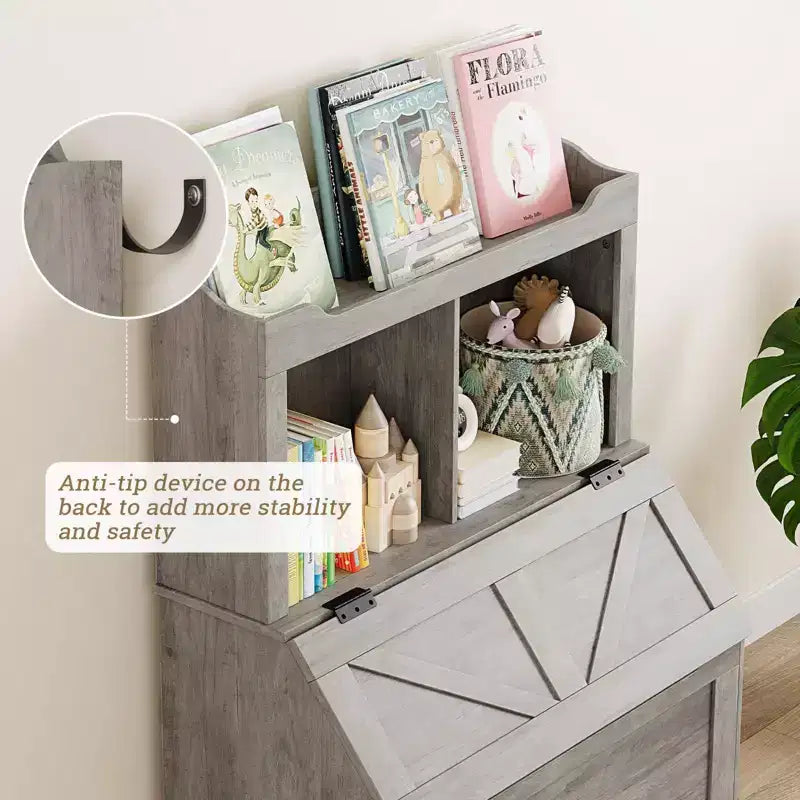 Libreria e Portagiochi per Bambini in Legno a 3 Ripiani con Coperchio a Scomparsa per Sala Giochi, Camera da Letto e Asilo Nido - Contenitore a Misura di Bambino