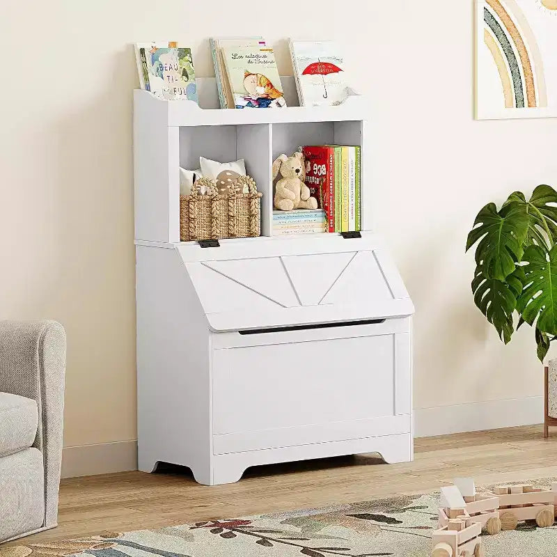 Libreria e Portagiochi per Bambini in Legno a 3 Ripiani con Coperchio a Scomparsa per Sala Giochi, Camera da Letto e Asilo Nido - Contenitore a Misura di Bambino