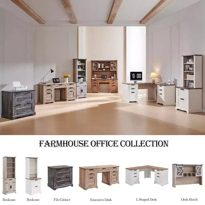 SinCiDo 60 Scrivania da ufficio a L da fattoria con credenza, Scrivania direzionale in legno per ufficio con cassetto e porte di ricarica, Armadietto portaoggetti