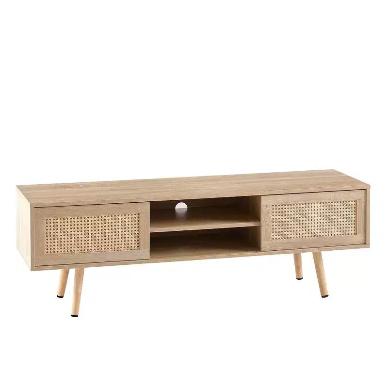 Mobile TV in rattan bianco 55.12 con doppie ante scorrevoli, ripiano regolabile e gambe in legno massello per consolle da soggiorno