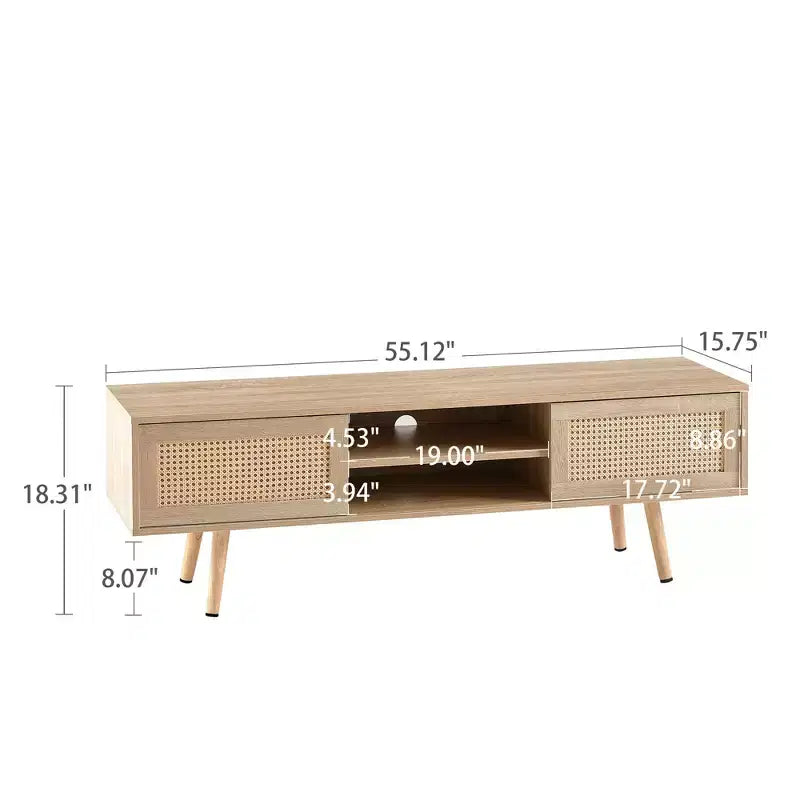 Mobile TV in rattan bianco 55.12 con doppie ante scorrevoli, ripiano regolabile e gambe in legno massello per consolle da soggiorno