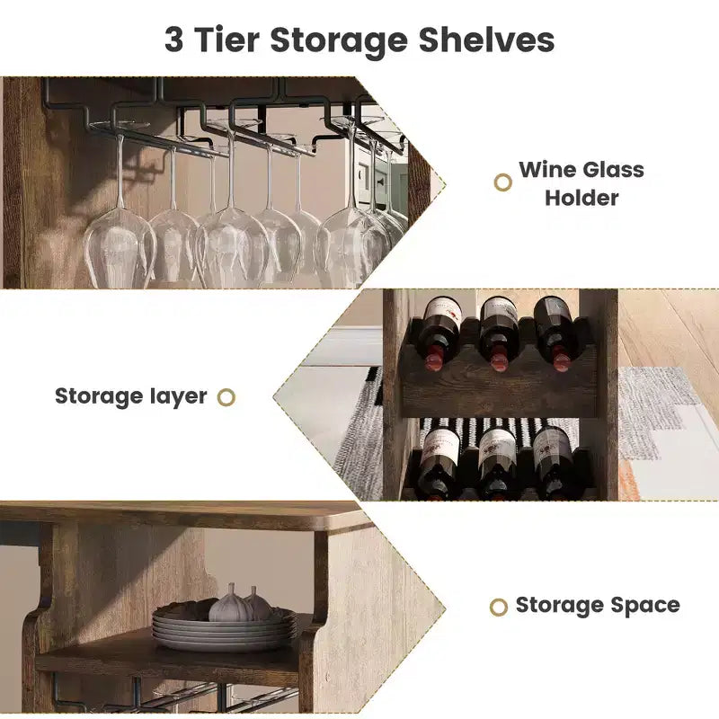 Set Tavolo e Sedie da Bar per 2 con Portabottiglie e Portabicchieri da Vino, Ripiano Portaoggetti Aperto, Tavolo Semicircolare in Legno, per Cucina, Sala da Pranzo