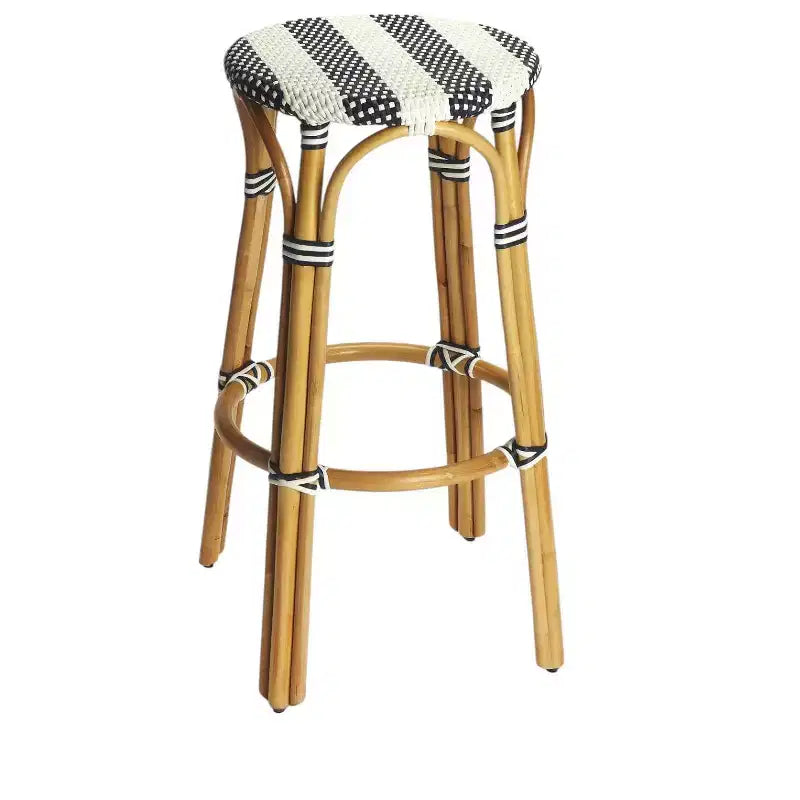 HomeRoots 30 Sgabello da Bar Senza Schienale ad Altezza Bar in Rattan Resistente Blu, Bianco e Naturale