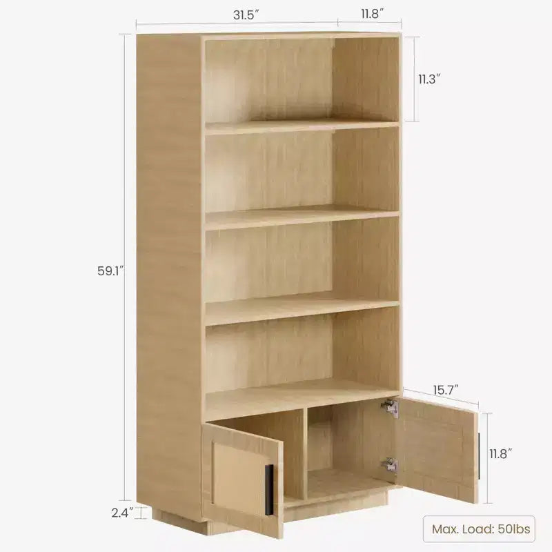 Libreria a 5 ripiani in legno Boho con ante in rattan, Scaffale alto aperto con contenitore per soggiorno, camera da letto, ufficio e cucina