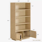 Libreria a 5 ripiani in legno Boho con ante in rattan, Scaffale alto aperto con contenitore per soggiorno, camera da letto, ufficio e cucina