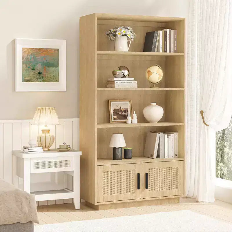 Libreria a 5 ripiani in legno Boho con ante in rattan, Scaffale alto aperto con contenitore per soggiorno, camera da letto, ufficio e cucina