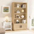 Libreria a 5 ripiani in legno Boho con ante in rattan, Scaffale alto aperto con contenitore per soggiorno, camera da letto, ufficio e cucina