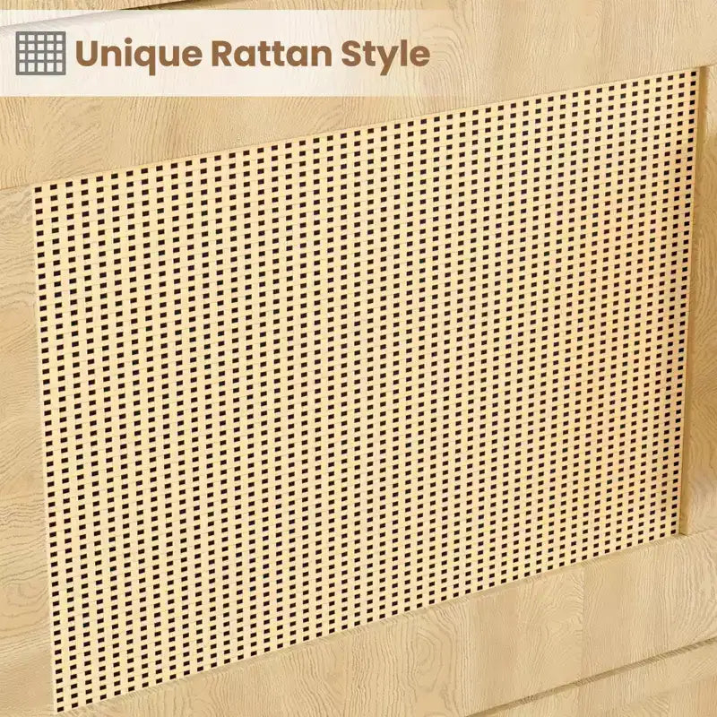 Libreria a 5 ripiani in legno Boho con ante in rattan, Scaffale alto aperto con contenitore per soggiorno, camera da letto, ufficio e cucina