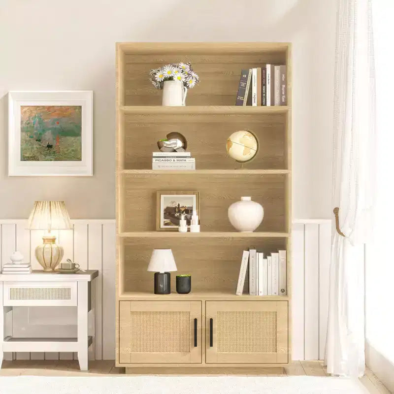 Libreria a 5 ripiani in legno Boho con ante in rattan, Scaffale alto aperto con contenitore per soggiorno, camera da letto, ufficio e cucina