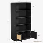 Libreria a 5 ripiani in legno Boho con ante in rattan, Scaffale alto aperto con contenitore per soggiorno, camera da letto, ufficio e cucina