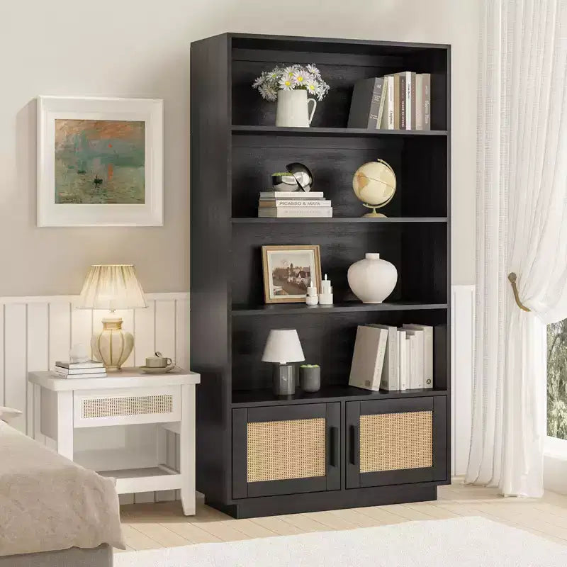 Libreria a 5 ripiani in legno Boho con ante in rattan, Scaffale alto aperto con contenitore per soggiorno, camera da letto, ufficio e cucina