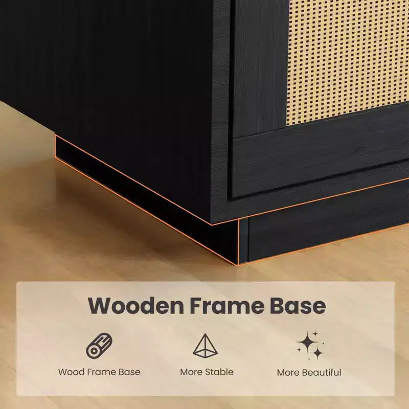 Libreria a 5 ripiani in legno Boho con ante in rattan, Scaffale alto aperto con contenitore per soggiorno, camera da letto, ufficio e cucina