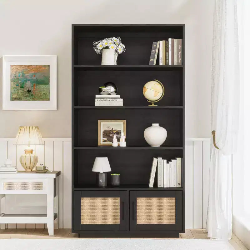 Libreria a 5 ripiani in legno Boho con ante in rattan, Scaffale alto aperto con contenitore per soggiorno, camera da letto, ufficio e cucina