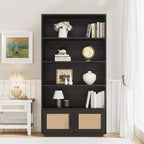 Libreria a 5 ripiani in legno Boho con ante in rattan, Scaffale alto aperto con contenitore per soggiorno, camera da letto, ufficio e cucina