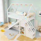 Costway Letto a Castello Doppio con Scivolo e Scala con Scomparti Contenitore Bianco/Grigio