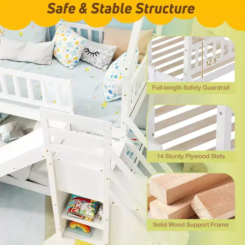 Costway Letto a Castello Doppio con Scivolo e Scala con Scomparti Contenitore Bianco/Grigio