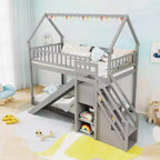 Costway Letto a Castello Doppio con Scivolo e Scala con Scomparti Contenitore Bianco/Grigio