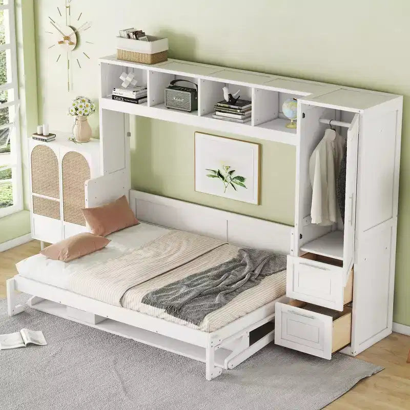 CLIHOME Letto a Scomparsa Matrimoniale MDF con Armadio e 2 Cassetti