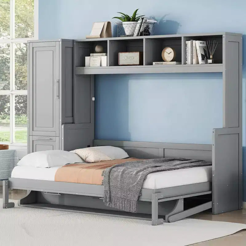 CLIHOME Letto a Scomparsa Matrimoniale MDF con Armadio e 2 Cassetti