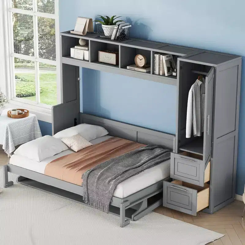 CLIHOME Letto a Scomparsa Matrimoniale MDF con Armadio e 2 Cassetti